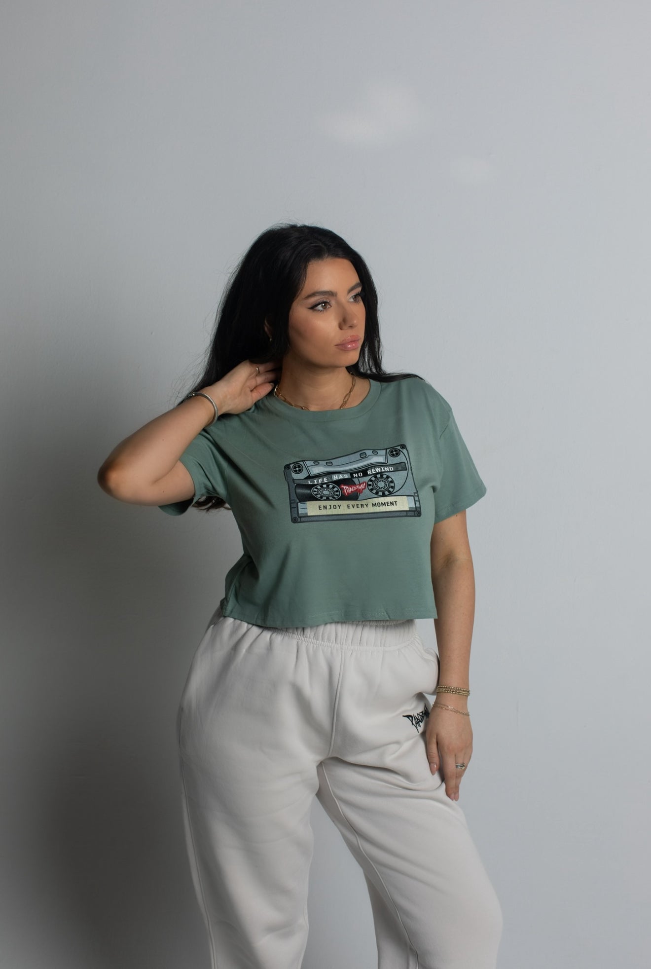 Vintage Cassette Crop Tee in Sage